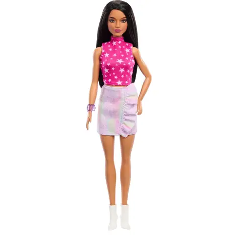Barbie Fashionistas poppen #215 - zwart steil haar, roze sterrenprint top en iriserende rok, 29 cm