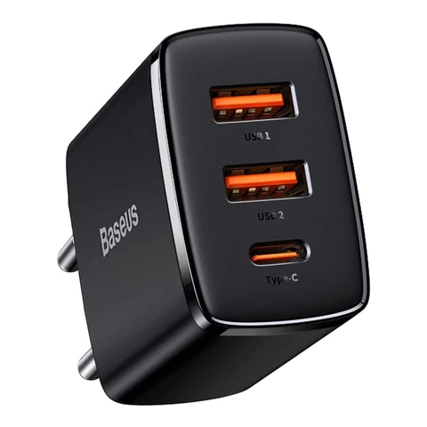 Baseus Kompakt 2U + C | Wandladegerät, Netzadapter, 2x USB-A, 1x USB-C, 30 W, Quick Charge 3.0, schwarz