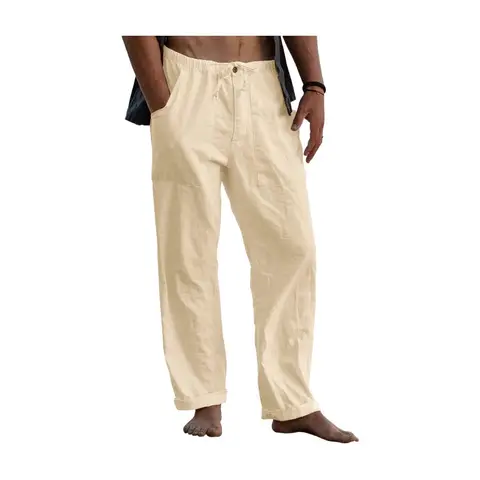 Men's Linen Trousers, Long Wide Summer Trousers, Drawstring Yoga Pants with Pockets, Airy Sun Protection Beach Trousers (beige, S)
