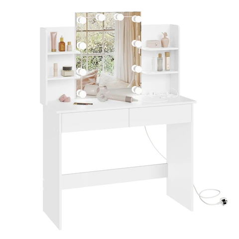 WOLTU Schminktisch mit LED-Spiegel, Steckdosen, 2 Schubladen & 4 Regalen, Weiß