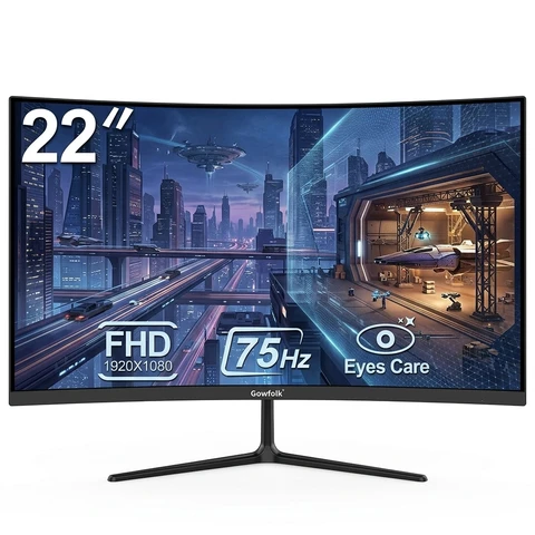 Gawfolk 22 Zoll Full HD Curved Monitor, 75 Hz, Blaulichtfilter & Flicker-Free, HDMI/VGA, für Home Office, Studium und Streaming, Schwarz