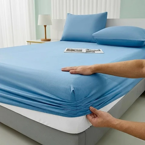 Ochama 40S 200 Fils 100 % Coton Drap-Housse avec Jupe, Protection Intégrale Antidérapante - Bleu, 90x200 cm