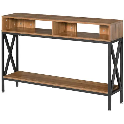 HOMCOM Table Console  Industriel Multi-rangements 120 x 23,5 x 75 cm Bois Noyer
