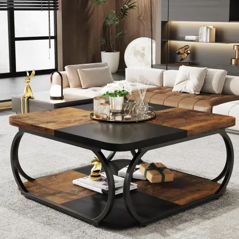 tribesigns Quadratischer Couchtisch, 99 cm großer zentraler Cocktailtisch mit 2-stufigen Regalen