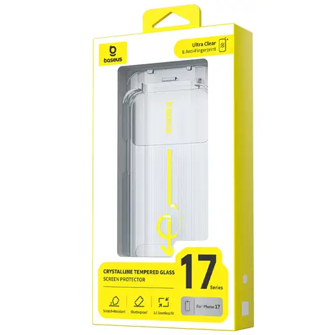 Baseus kristallklares HD Panzerglasdisplayschutz für iPhone 17 mit Staubschutz-Installationsschale, klar inkl. Reinigungskit