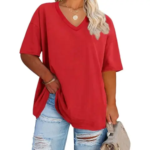 Women's Plus Size V Neck T Shirts Summer Half Sleeve Oversized Tees Casual Loose Fit Tunic Tops (red, XL)