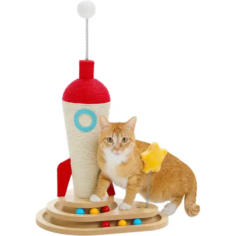 PAWZ Road Interaktives Katzenspielzeug mit raketenförmigem Kratzpfahl, Sisalkratzpfahl & Kugelbahn Federball aus massivem Holz, multifunktional, fördert Klauenpflege & Möbelschutz