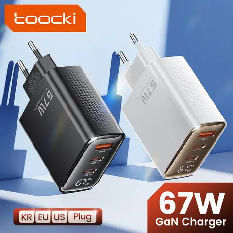 Toocki Chargeur mural rétractable 3-en-1 67 W, Bloc de charge USB-C ultra-rapide avec câble Type-C et 2 ports USB pour iPhone 17 Pro Max Air, MacBook Air, iPad Pro, Galaxy S25, Pixel 10 Pro, Ordinateurs portables