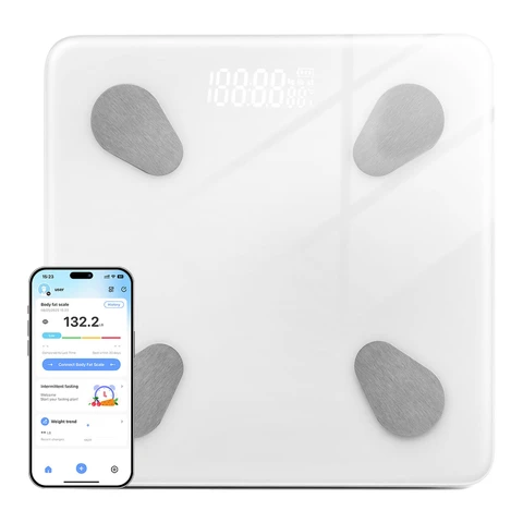 Sparoma ACLY-28White Digitale Körperfettwaage (Weiß) – Bluetooth APP Körperfettüberwachung, Gesundheitsdatenverwaltung für mehrere Benutzer, hochpräzises Wiegen, Batteriemodell (2×AAA, nicht enthalten)