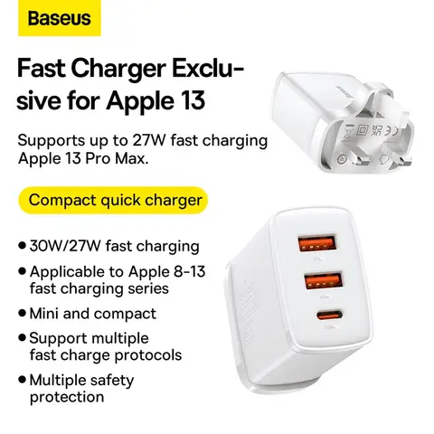 Baseus Quick Charger 2U+C 30W, 3-Port UK Travel Adapter, White, compatible with iphone, Samsung,Google Pixel