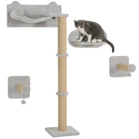 PawHut Cat Shelves, 4 Piece Cat Wall Furniture with Scratching Post, Steps, Jumping Platform, Ladder, Toy Balls, for Indoor Kittens, Light Grey