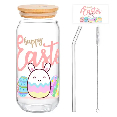 Alphynix 1pc Happy Easter Glass Tumbler, 500ml Clear Cup with Pink "Happy Easte" Text and Cute Bunny Egg Design, Includes Wood Lid & Glass Straw, Easter Holiday Gift