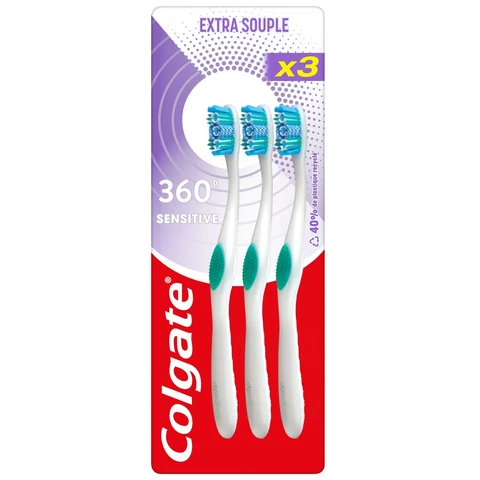 COLGATE 360 - Brosses à Dents Sensitive Extra Souple - Lot de 3 brosses