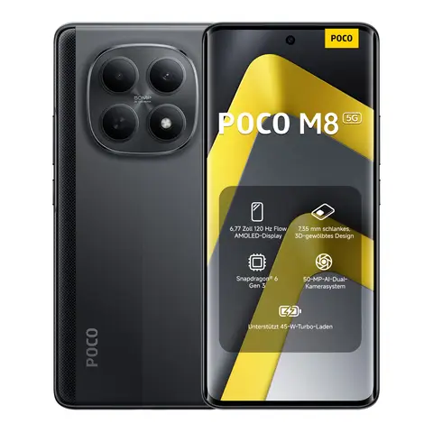 POCO M8 5G Schwarz 8G RAM 256G ROM, Xiaomi Original mit offizieller Garantie, Snapdragon 6 Gen 3, 6,77 Zoll Flow AMOLED 120 Hz, 5520 mAh + 45 W Schnellladung, 50 MP + 20 MP Kameras