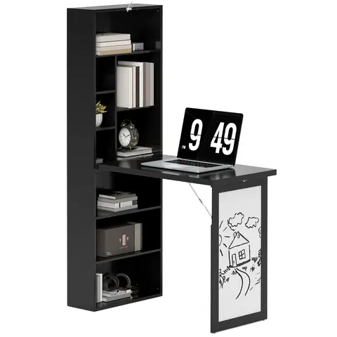 HOMCOM Wall Mounted Computer Desk, Space Saving Folding Study Table with White Board, Bookshelf Black