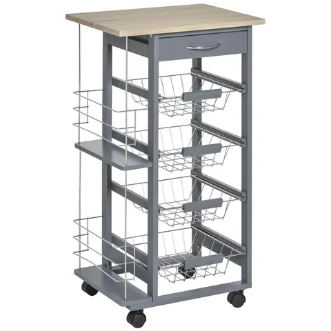 HOMCOM Rolling Kitchen Cart, Utility Storage Cart with 4 Basket Drawers & Side Racks, Wheels for Dining Room Grey