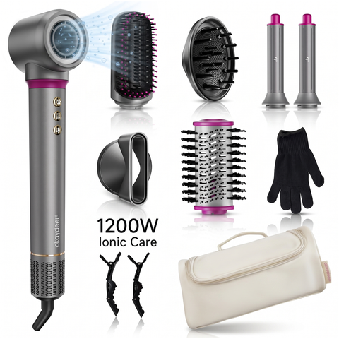 Okaydeer Air Styler met Coanda-effect, 7-in-1 High-Speed Föhn & Automatische Krultang, Ionische Föhnborstel voor Snel Drogen en Stylen, Zonder Extreme Hitte, Voor Alle Haartypes, met Reisetui, Metaalgrijs & Rozerood, D1