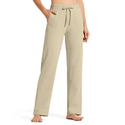 Willit Women's Cotton Sweatpants Open Bottom Yoga Sports Straight Leg Pants with Pockets khaki M