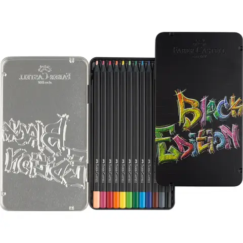 Faber-Castell Black Edition Colour Pencils, Assorted Colours, Tin of 12 Ergonomic Triangular Shape 