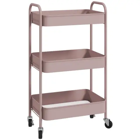 Homcom Storage Trolley Metal 3 Shelves Pink