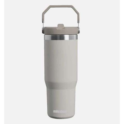 Milestone Travel Mug with Flip Straw Stainless Steel Double Walled Grey 890ml