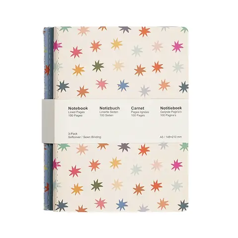 Jubiluu INPROB A5 Softcover-Notizbuch Stitch, 3er-Pack, 50 Blatt (80 g/㎡ Offetpapier) – Klassisches cremefarbenes, liniertes Journal für Schule, Büro, Journaling und Alltagsnotizen, Starburst-Floral-Motiv