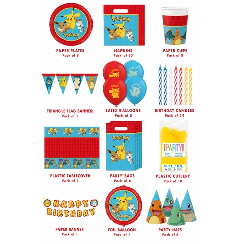 Pokemon Birthday Party Tableware & Decoration Bundle - 12 Pc - Tablecover, Party Bags, Banner x2, Paper Hats, Paper Cups, Napkins, Latex Balloons, Foil Balloon, Candles, Cutlery