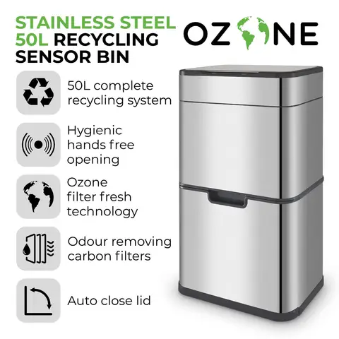 Tower Ozone Recycling Sensor Bin 50L, Stainless Steel