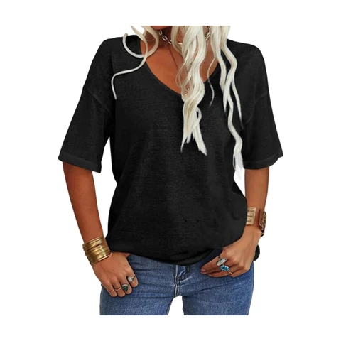 Women Fashion V-Neck Half Sleeves Oversized T Shirt Solid Casual Loose Basic Tops 