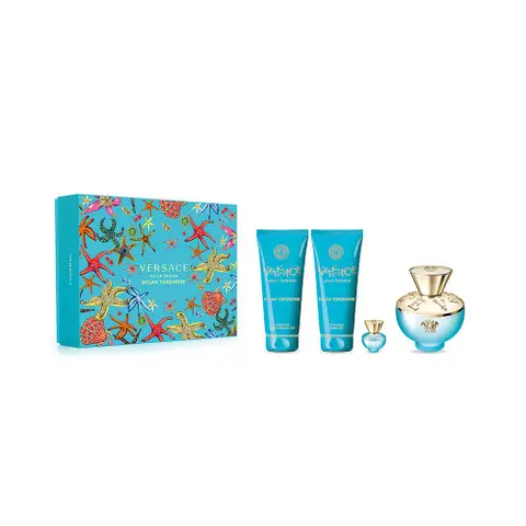 Versace Ladies Dylan Turquoise Geschenkset Geuren (Eau de Toilette 100ml + Reisfles 5ml + Bodylotion 100ml + Bad- en Douche Gel 100ml)