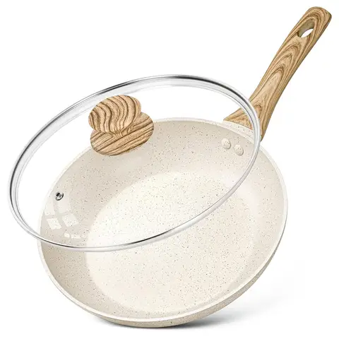 Michelangelo Poêle antiadhésive blanc crème avec couvercle, compatible induction - 20 cm