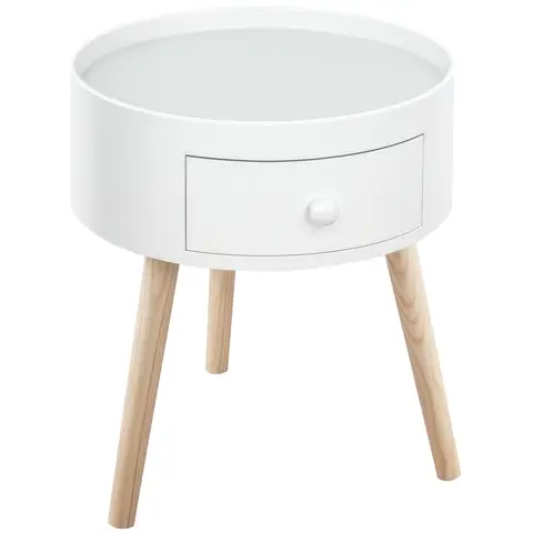HOMCOM Modern Side Table, Small Coffee Table, Round Bedside Table with Drawer and Wood Legs for Living Room, Bedroom, White