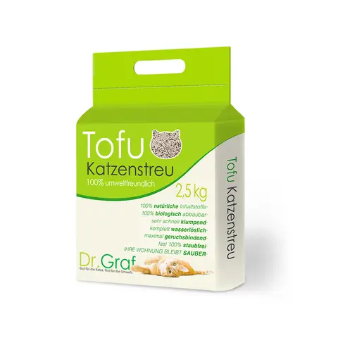 Dr. Graf Tofu-Katzenstreu, 100% natürliche, innovative Klumpenstreu, geruchlos, vollständig wasserlöslich, biologisch abbaubar, staubfrei, extrem saugfähig und schnell trocknend (Gewicht: 2,5 kg)