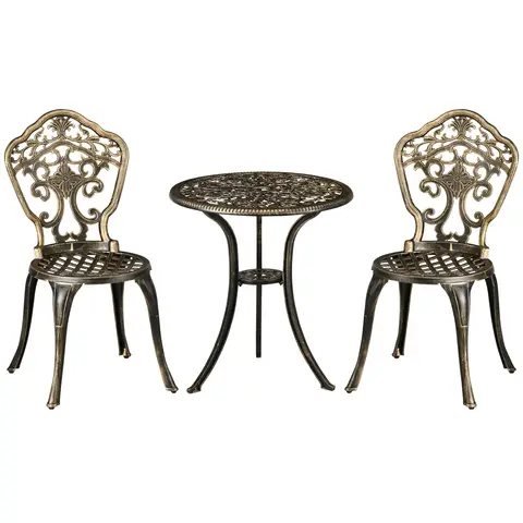 Outsunny 3 Piece Cast Aluminium Garden Bistro Set for 2 with Parasol Hole, Outdoor Coffee Table Set, Two Armless Chairs and Round Coffee Table for Balcony, Patio, Bronze