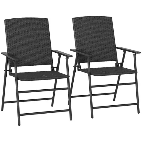 Outsunny Folding Garden Chairs Set of 2, PE Rattan Garden Dining Chairs with Armrests, High Back and Steel Frame, Weather Res