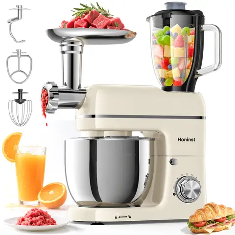 Mixeur Multifonction 7-en-1 Honinst, Batteur sur Socle Inclinable 6,5 QT 8 Vitesses, Mixeur Électrique avec Hachoir à Viande, Blender à Jus, Crochet à Pâte, Batteur, Fouet et Bol pour la Plupart des Cuisiniers à Domicile