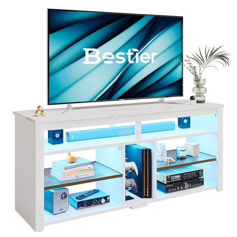 Bestier Lowboard TV-Schrank mit LED-Beleuchtung – 140 × 34 × 62 cm, Gaming-TV-Ständer mit verstellbaren Acrylregalen, Weiß Marmor/Schwarz, für 55–65 Zoll Fernseher