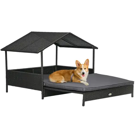 PawHut Rattan Dog House, Extendable Outdoor Wicker Dog Bed w/ Water-Resistant Roof, Removable Cushion Grey