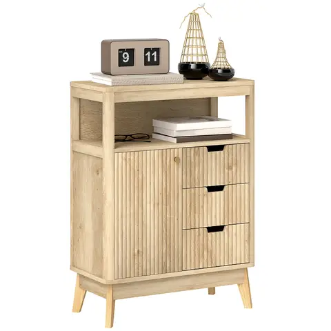 HOMCOM Sideboard, Fluted Modern Storage Cabinet with Single Door, Drawers and Adjustable Shelf for Living Room, Kitchen, Dining Room, Bathroom, Bedroom, Nature Wood Finish