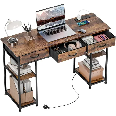 HOMCOM Computer Desk with Power Outlets, 120cm Home Office Desk with 3 Fabric Drawers and 4 Storage Shelves Rustic Brown