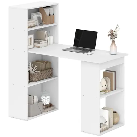 HOMCOM 120cm Computer Desk, Wooden PC Laptop Table with 6-Tier Storage Bookshelves, Home Office Working Study Desk White