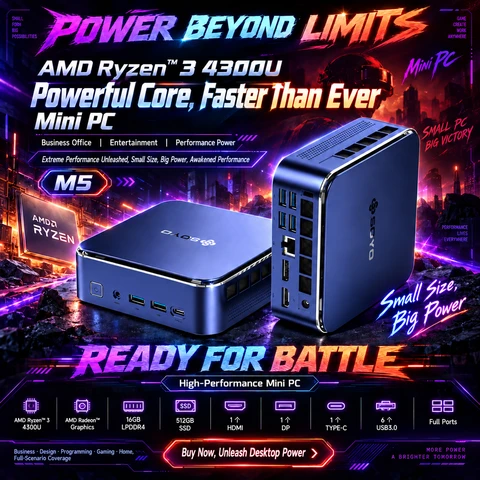 SOYO M5 Mini PC AMD Ryzen 4300U Win11 (4C/4T, bis zu 3,7 GHz) 16 GB LPDDR4/512 GB SSD, Desktop PC 4K 60 Hz Triple Display (HDMI 2.0+Type-C+DP 1.4)/Wi-Fi 5/BT 4.2/LAN für Büro Bildung Multimedia