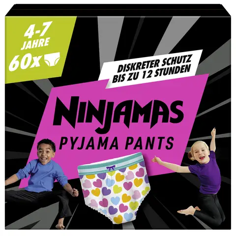Pampers Ninjamas Pyjama-Höschen Unisex Herzen, 4-7 Jahre, 60 Pyjama-Höschen, 17 kg - 30 kg, ganzer Nacht Auslaufschutz