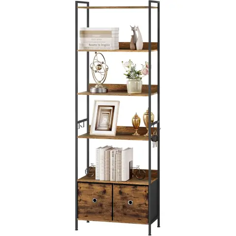 WOLTU Hohe 5-Ebenen-Regal, Schmales Aufbewahrungsregal, mit 2 Schubladen und 4 Haken, für Schlafzimmer, Arbeitszimmer und Wohnzimmer, Rustikales Braun+Schwarz, RGB62vbn