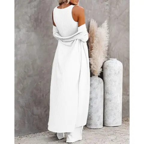 Women's 3 Piece Lounge Sets Pajamas Knit Long Sleeve Cardigan Crop Top Wide Leg Pants Loungewear Set (White, XXL)