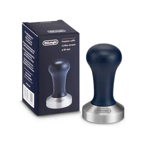 De'Longhi DLSC058, Kaffee-Tamper aus robustem Edelstahl mit stilvollem Holzgriff, in elegantem Blau/Silber