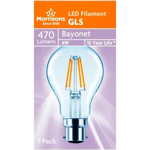 Morrisons Light Bulb LED Globe Filament Bayonet B22 Warm White 4W 470 Lumens 2pcs