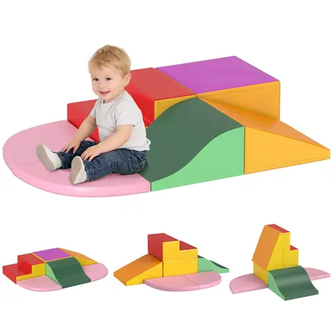 HOMCOM 6 Piece Kids Soft Play Set, Kids Foam Blocks Toys for Climb and Crawl, Indoor Activity Play Set Playground Red