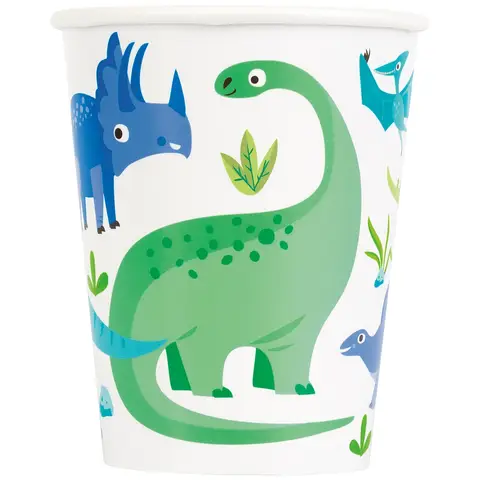Unique Party Paper Cups, Blue Green Dino, 266ml, 8 Pack