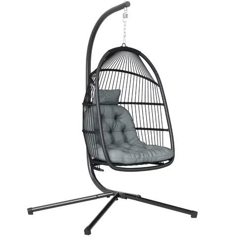 Outsunny Rattan Hanging Egg Chair with Stand, Foldable Wicker Swing Egg Chair with Cushion, Head Pillow, Steel Frame, Hammock Chair for Indoor Outdoor, Capacity 150 kg, Dark Grey